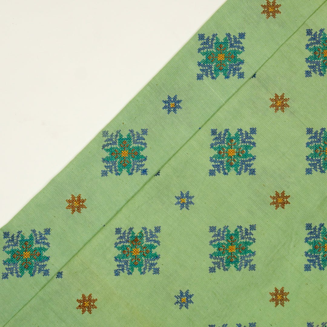 Nilaya Buta Buti Mixture on Sea Green Cotton Linen Embroidered Fabric