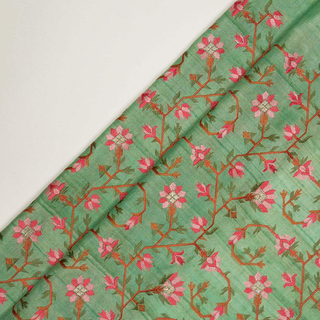 Haina Jaal On Sea Green Tussar Silk Embroidered Fabric