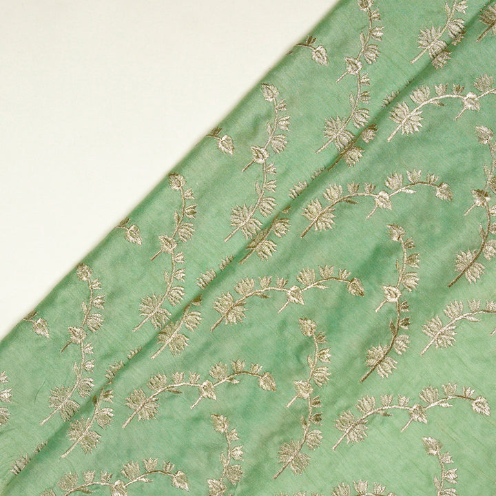 Sunerah Zari Jaal on Sea Green Semi Raw Silk Embroidered Fabric