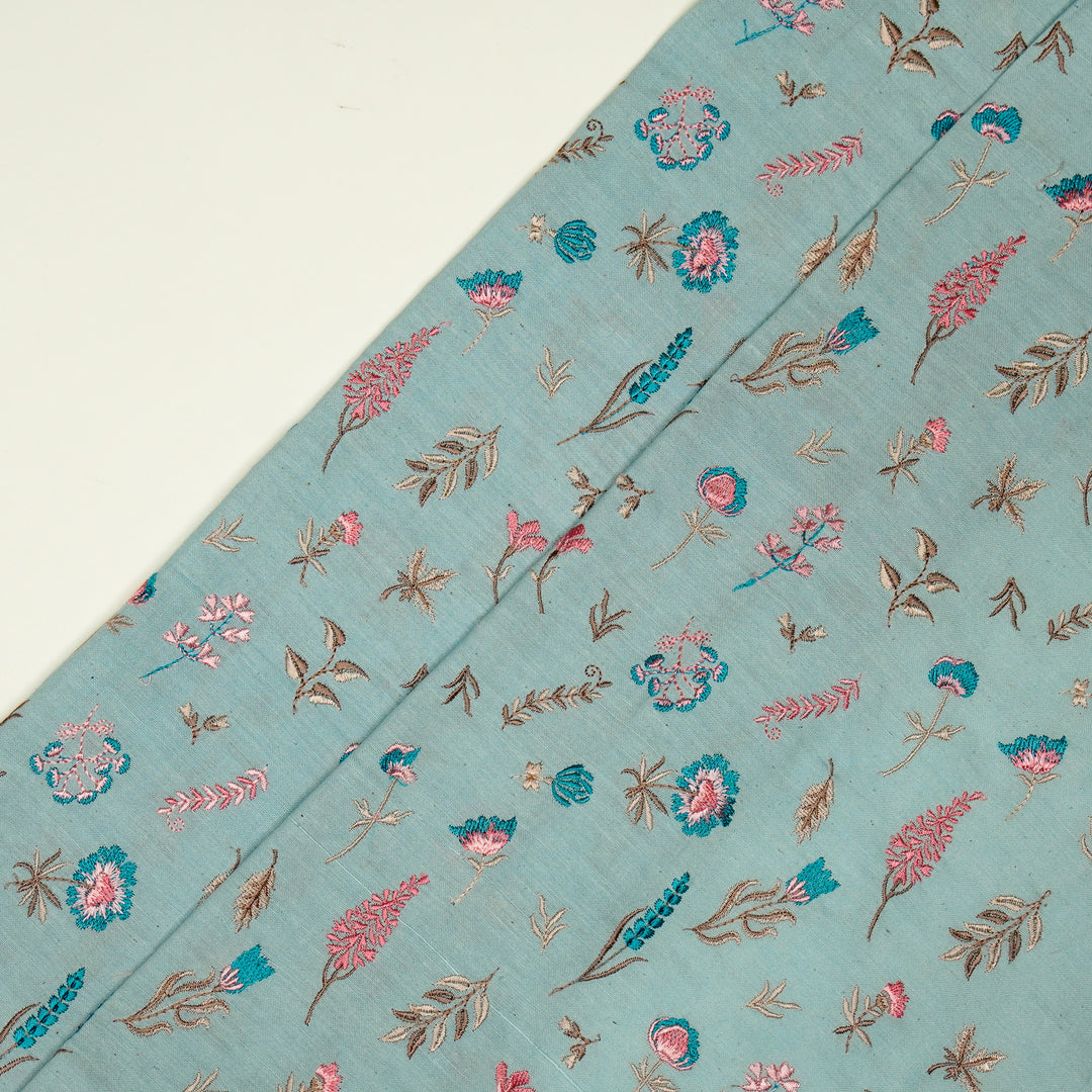 Grishma Buta Buti Mixture on Sky/Blue Cotton Linen Embroidered Fabric