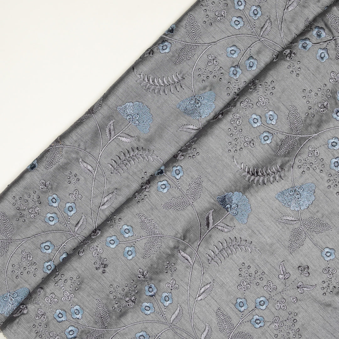 Azin Jaal on Steel Grey Semi Raw Silk Embroidered Fabric