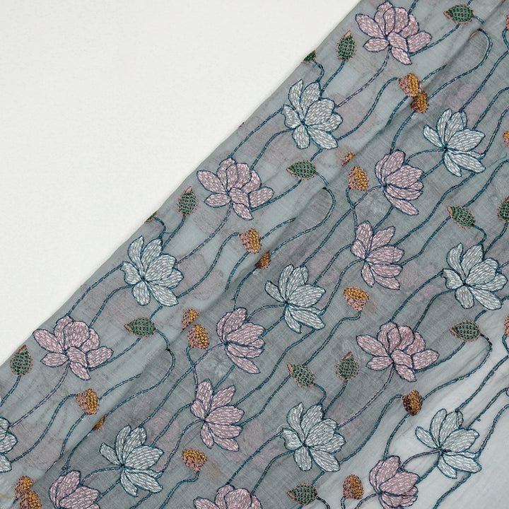 Raneem Jaal on Steel Grey Cotton Silk Embroidered Fabric