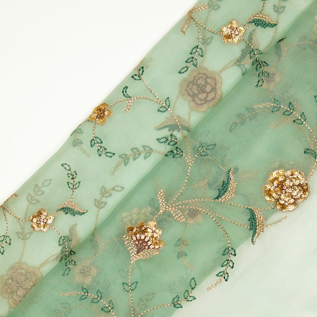 Isha Jaal on Teal Silk Organza Embroidered Fabric