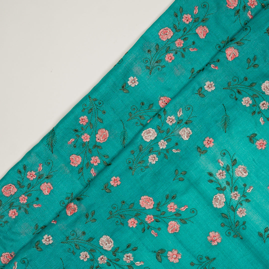 Meenal Jaal On Turquoise Tussar Silk Embroidered Fabric