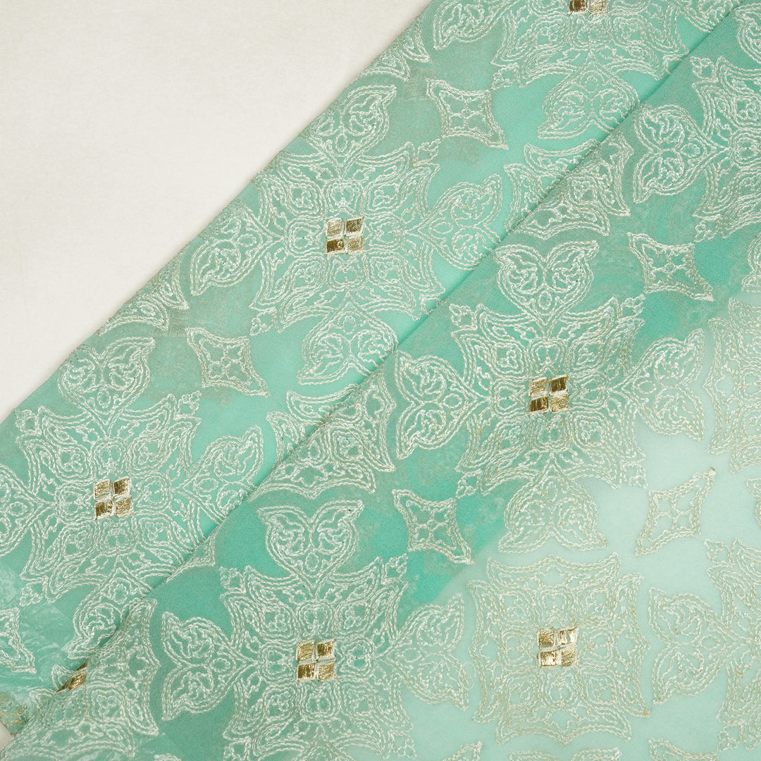 Afra Jaal on Turquoise Silk Chanderi Embroidered Fabric