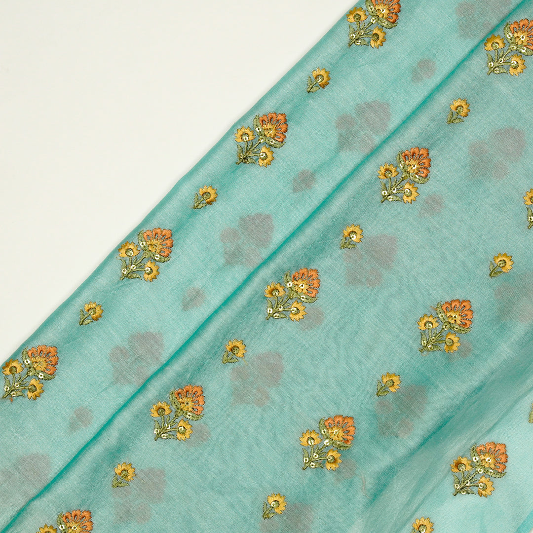 Gulika Buta Buti Mixture  on Turquoise Silk Chanderi Embroidered Fabric