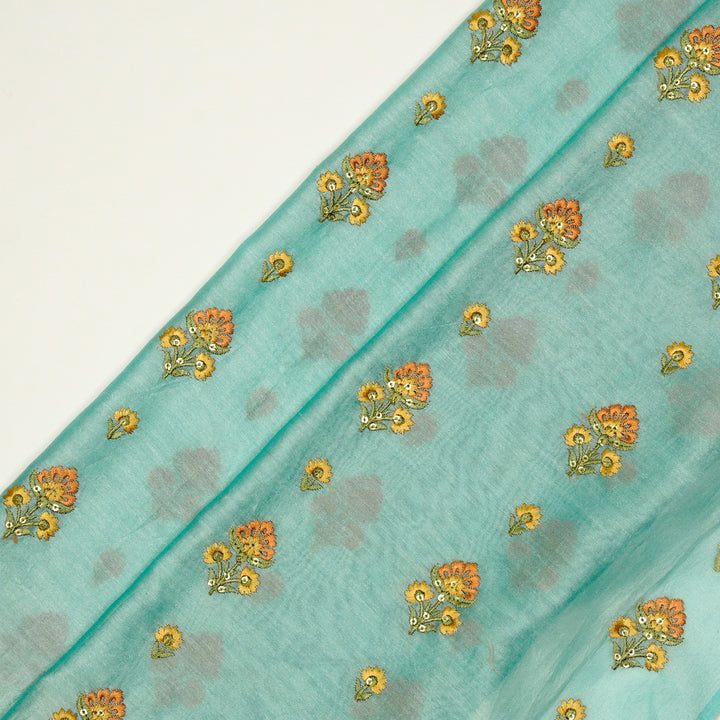 Gulika Buta Buti Mixture  on Turquoise Silk Chanderi Embroidered Fabric