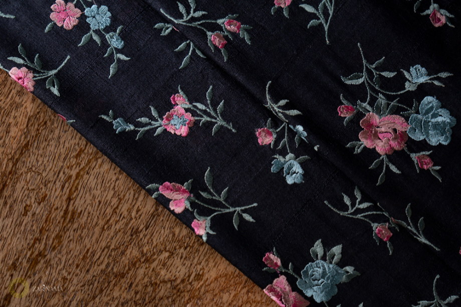 Floral Buta in dense setting On Black Tussar Silk