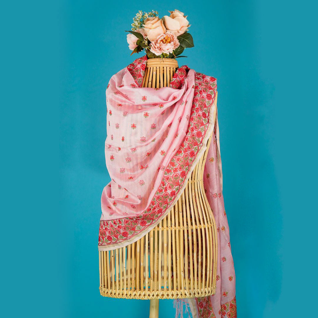 Manjary Embroidered Dupatta on Pink Silk Chanderi-Zarinama