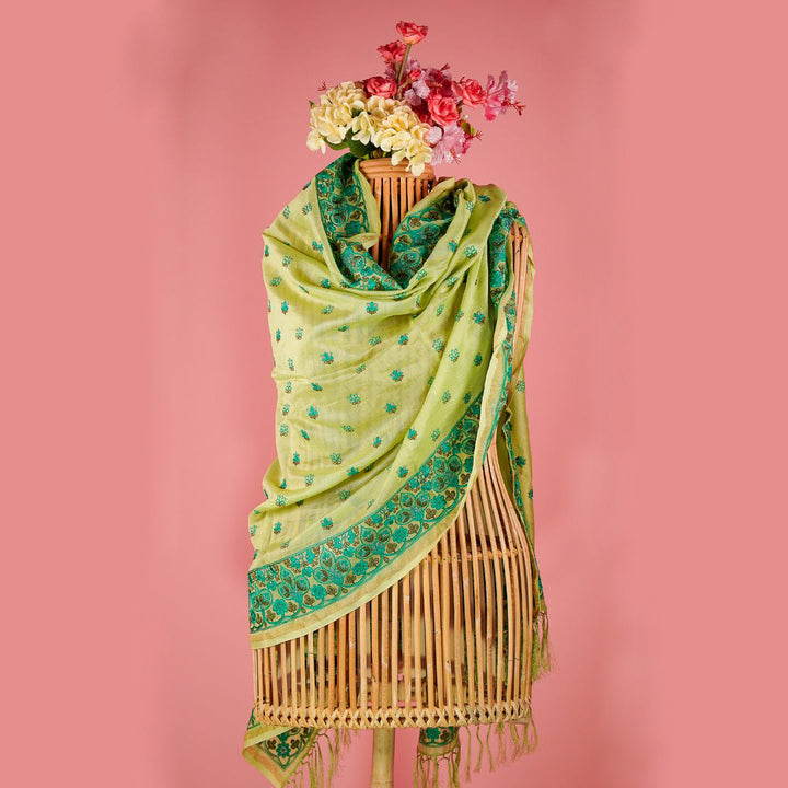 Manjary Embroidered Dupatta on Pista Green Silk Chanderi-Zarinama