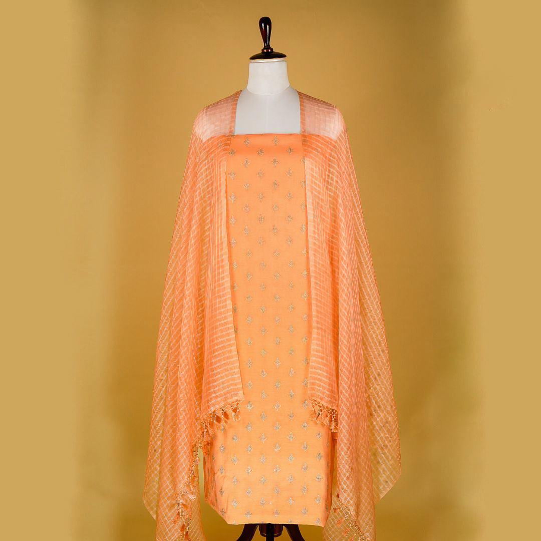Cross Style Suit fabric set on Silk Chanderi (Unstitched)- Gajari
