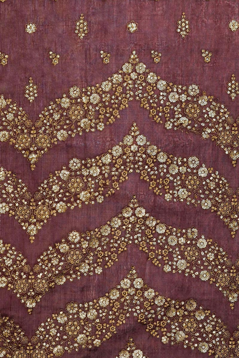 Zig Zag Border and Buti with Sequin Touch On Wine Semi Chanderi 54 inches