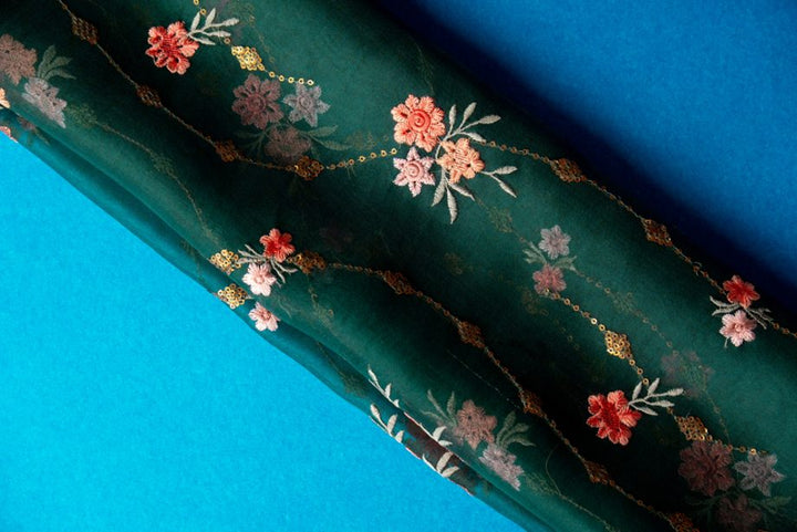 Purvai Floral Jaal on Bottle Green Silk Organza