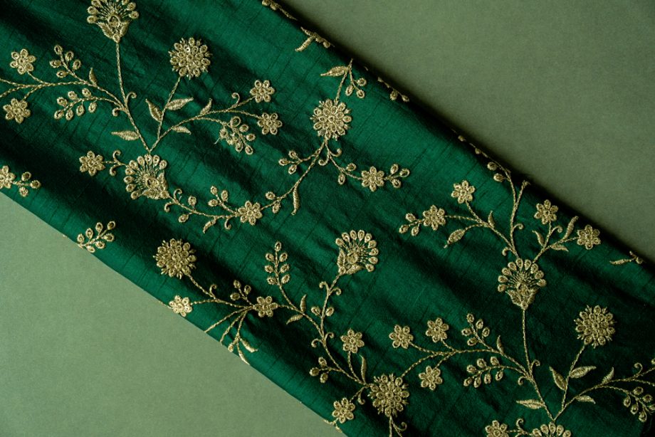Floral Crown Jaal of Zari with Sequin Touch on Bottle Green Semi Raw Silk