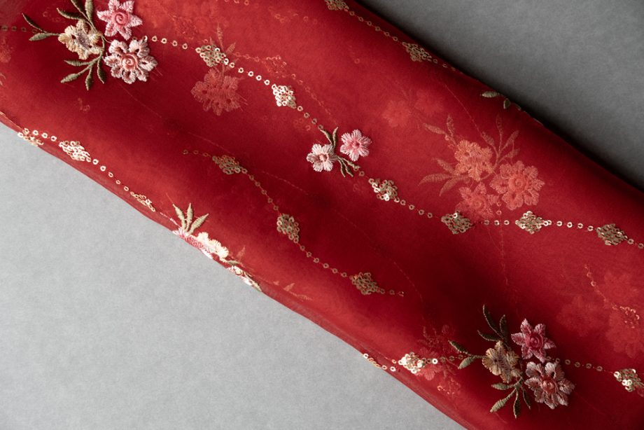 Purvai Floral Jaal on Crimson Red Silk Organza