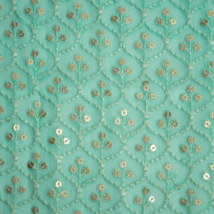 Yami Sequins Jaal on Aqua  Semi Georgette Embroidered Fabric