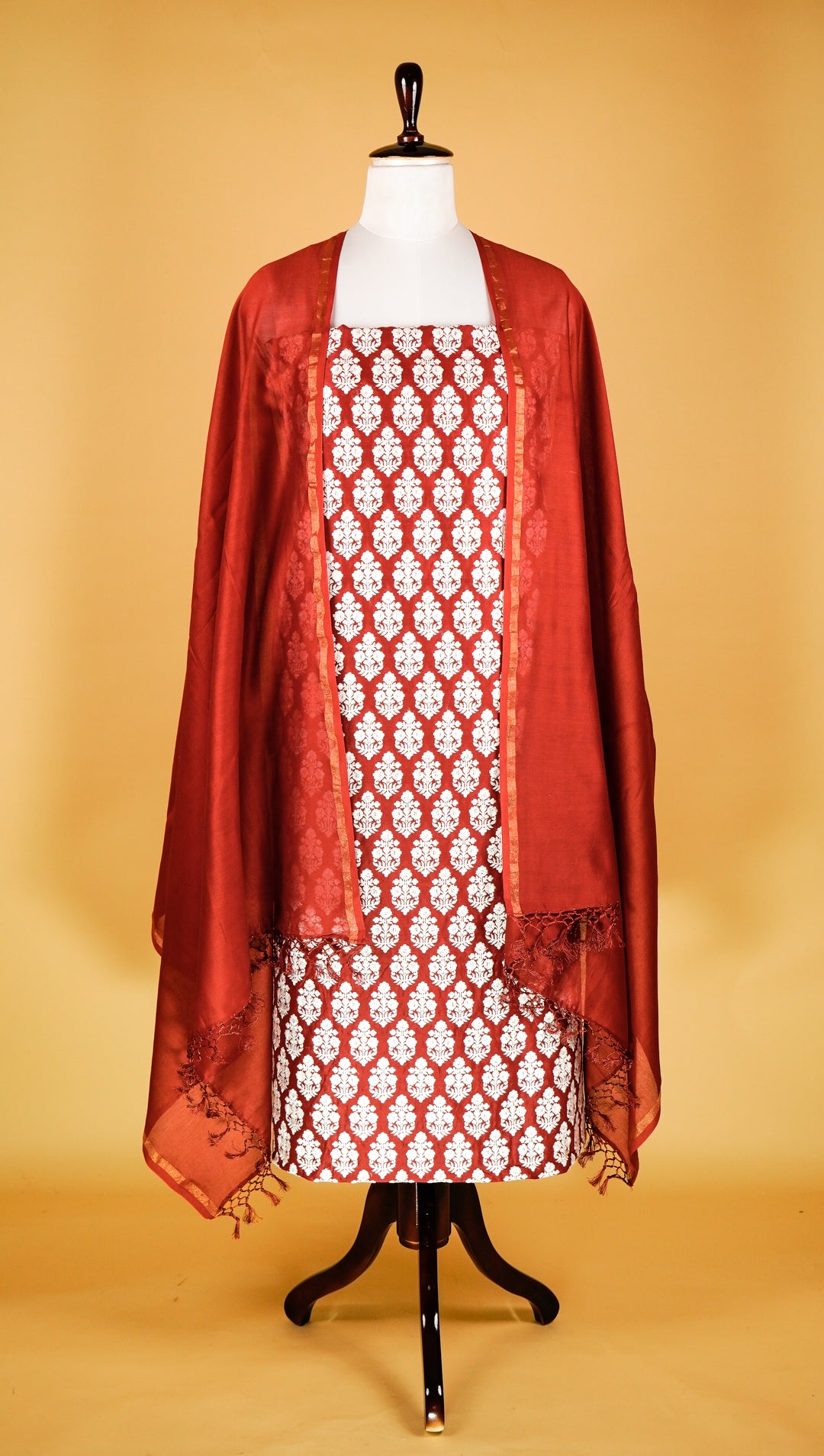Ketki Buta Suit fabric set on Silk Chanderi (Unstitched)- Chery Red