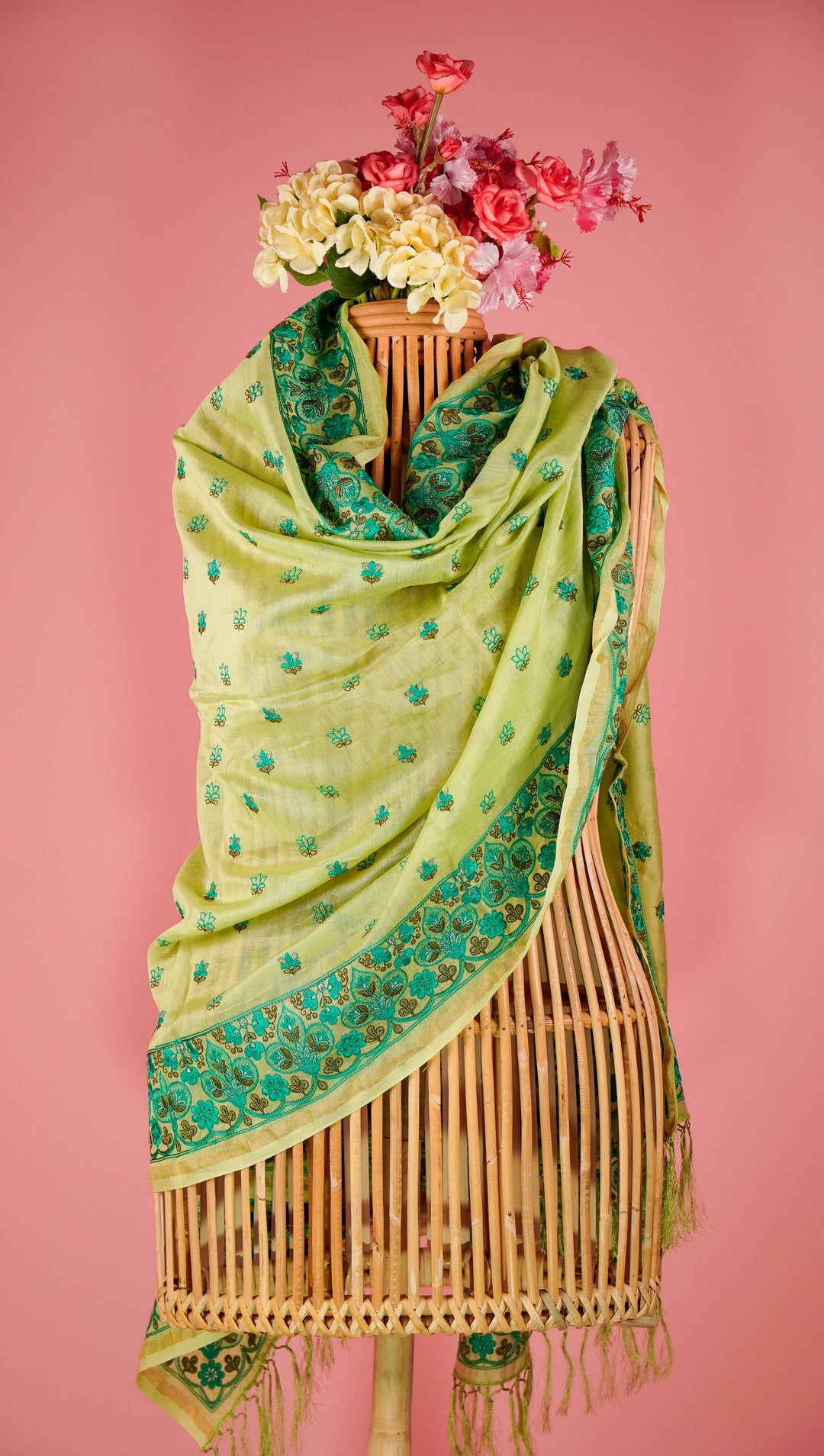 Manjary Embroidered Dupatta on Pista Green Silk Chanderi-Zarinama
