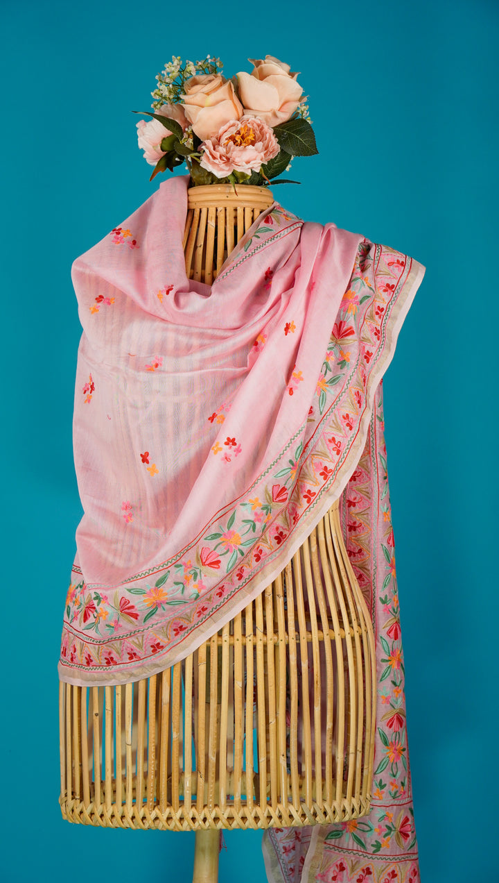 Pakhi Embroidered Dupatta on Baby Pink Silk Chanderi-Zarinama