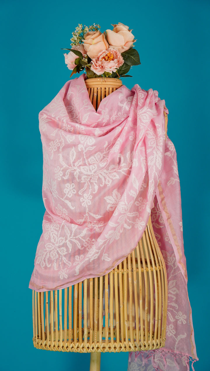 Farida Embroidered Dupatta on Pink Silk Chanderi