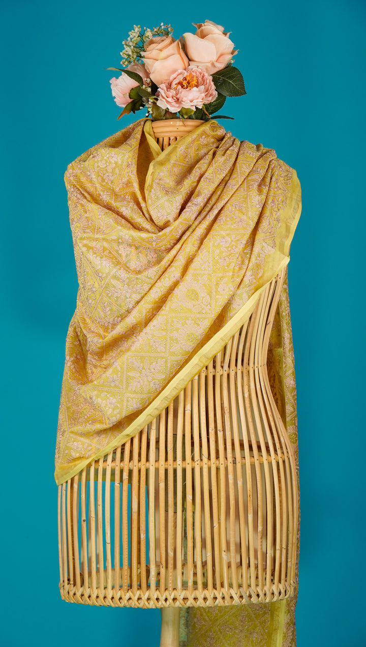 Suvarna Embroidered Dupatta on Yellow Silk Chanderi-Zarinama