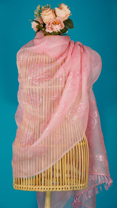 Zoya Embroidered Dupatta on Pink Silk Organza