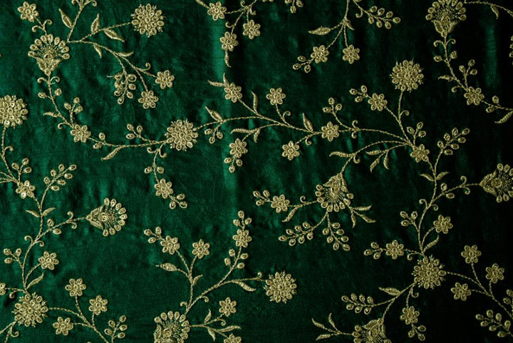 Floral Crown Jaal of Zari with Sequin Touch on Bottle Green Semi Raw Silk