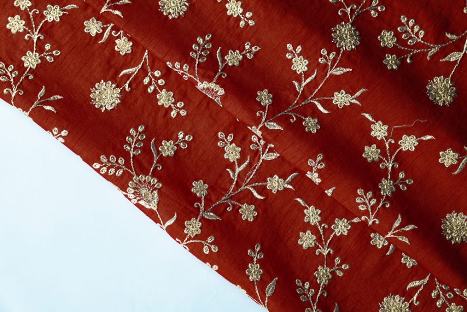 Floral Crown Jaal of Zari with Sequin Touch on Red Semi Raw Silk