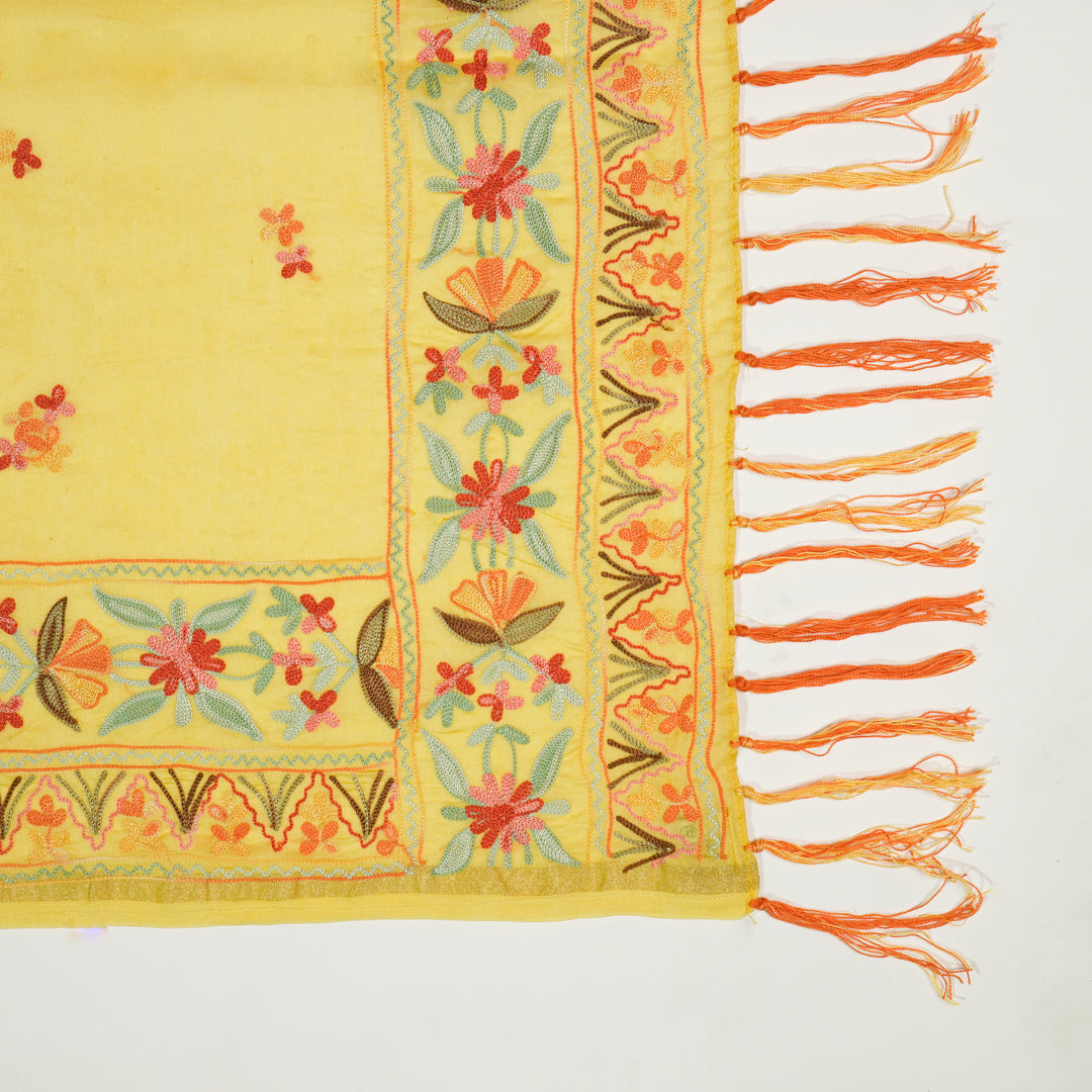 Pakhi Embroidered Dupatta on Lemon Silk Chanderi-Zarinama