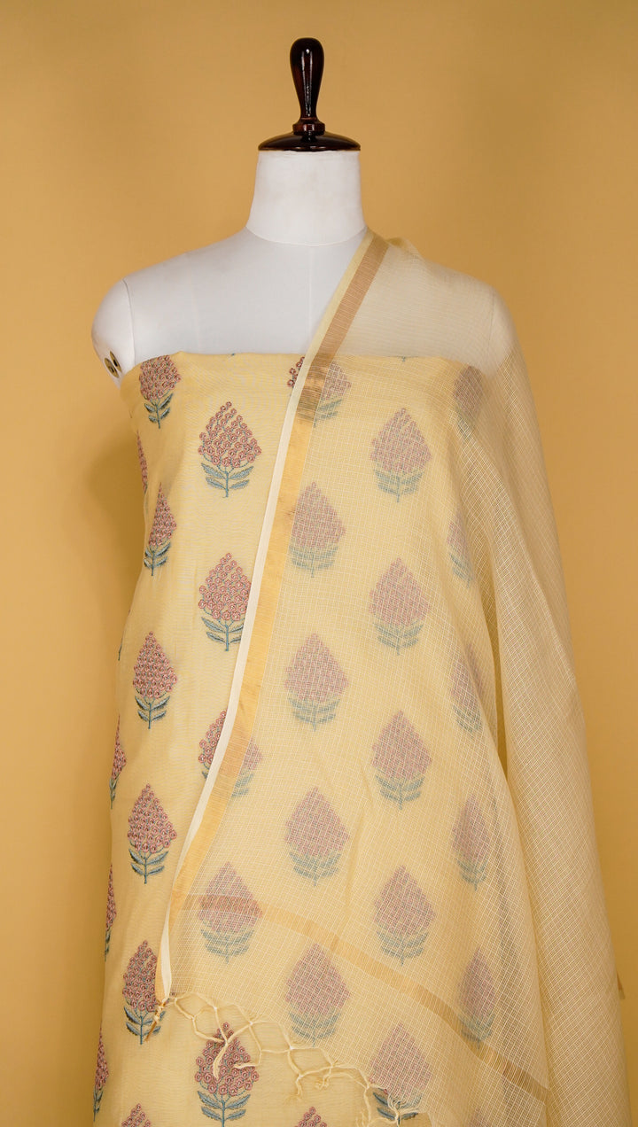 Shazia Buta Suit fabric set on Cotton Silk (Unstitched)- Pale Mango