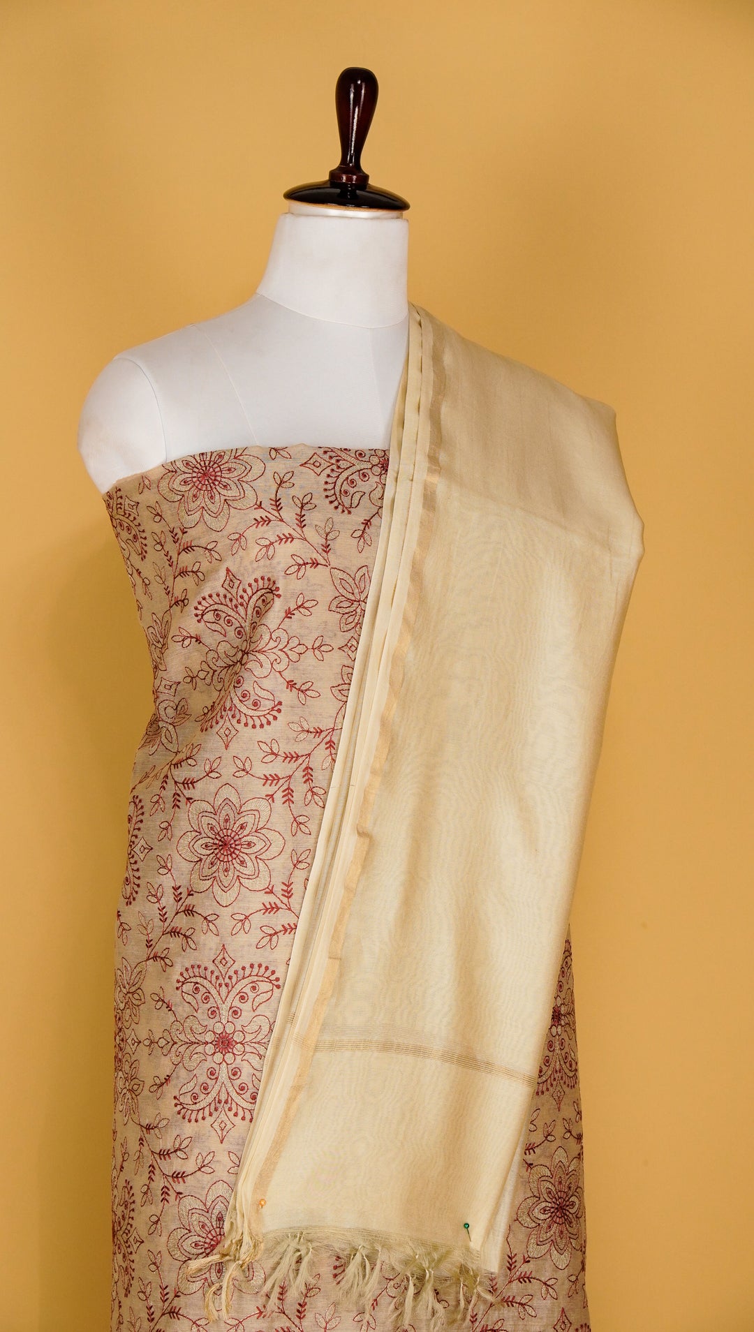 Urvi Jaal Suit fabric set on Munga Silk(Unstitched)#- Natural/Maroon