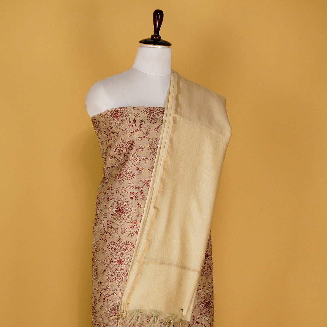Urvi Jaal Suit fabric set on Munga Silk(Unstitched)#- Natural/Maroon