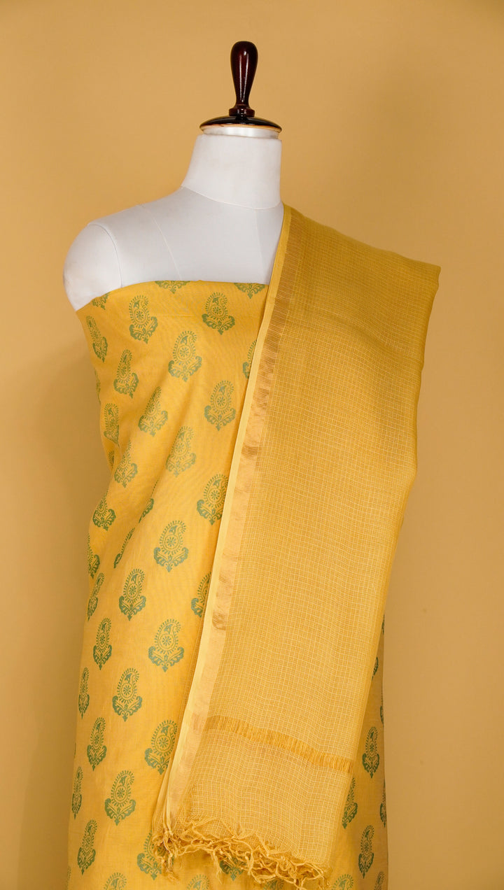 Kerry Printed Suit fabric set on Semi Chanderi (Unstitched)- Mustard Yellow
