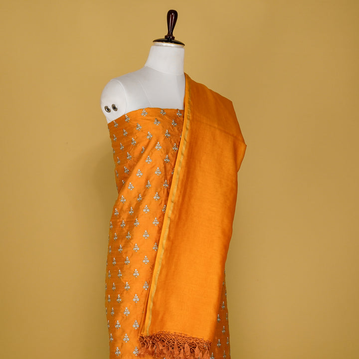 Rati Buti Suit fabric set on Raw Silk (Unstitched)- Mustard Gold