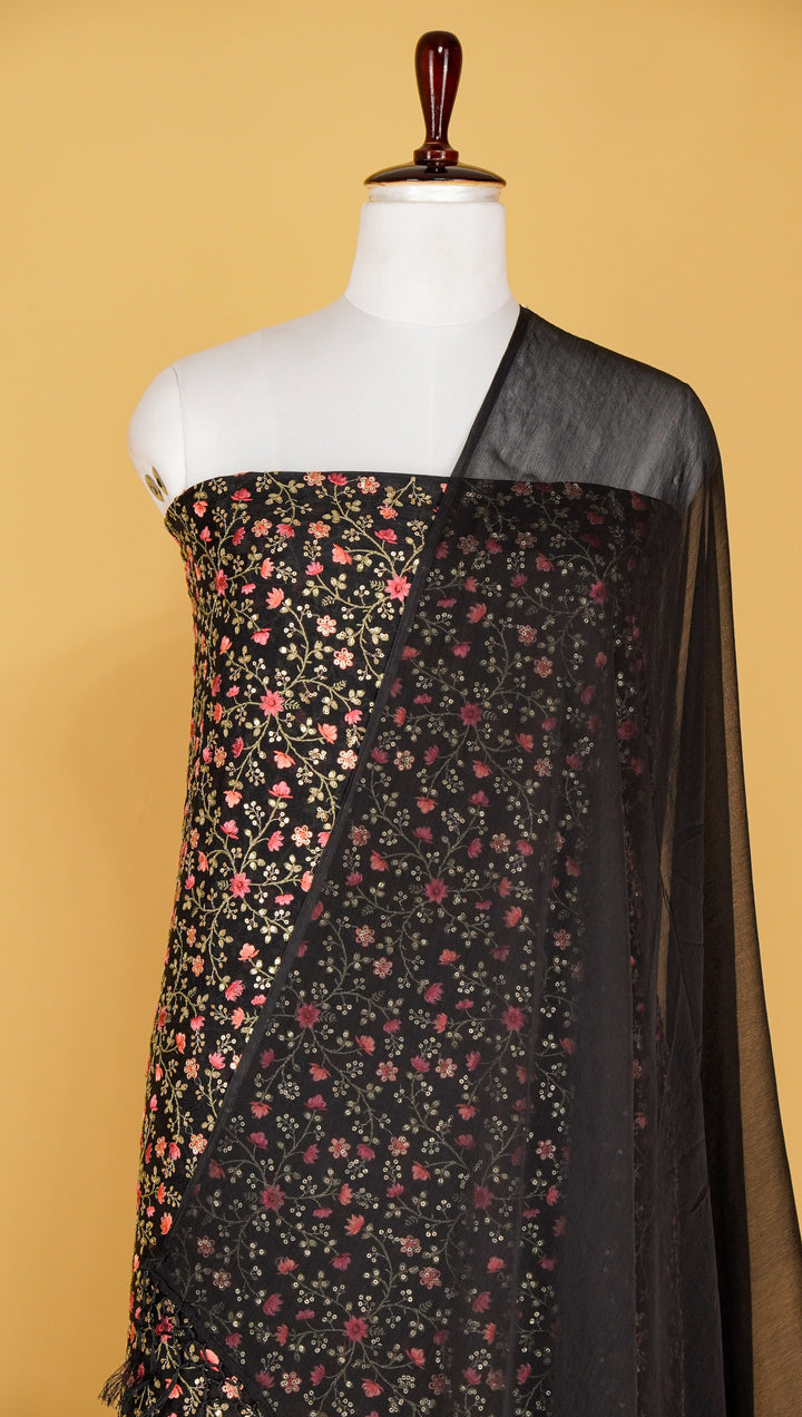 Zeenat floral jaal with sequin touch Suit fabric set on Chinon(Unstitched)-Black