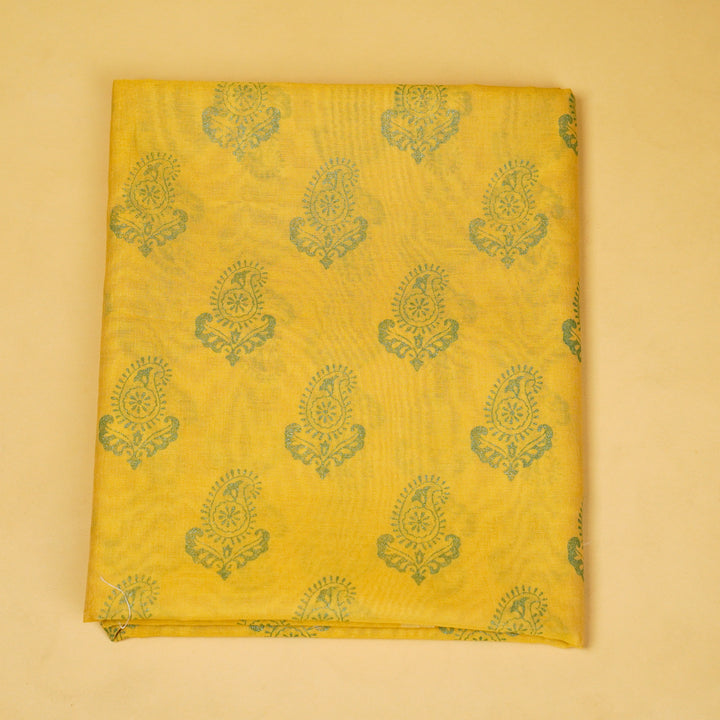 Kerry Printed Suit fabric set on Semi Chanderi (Unstitched)- Mustard Yellow