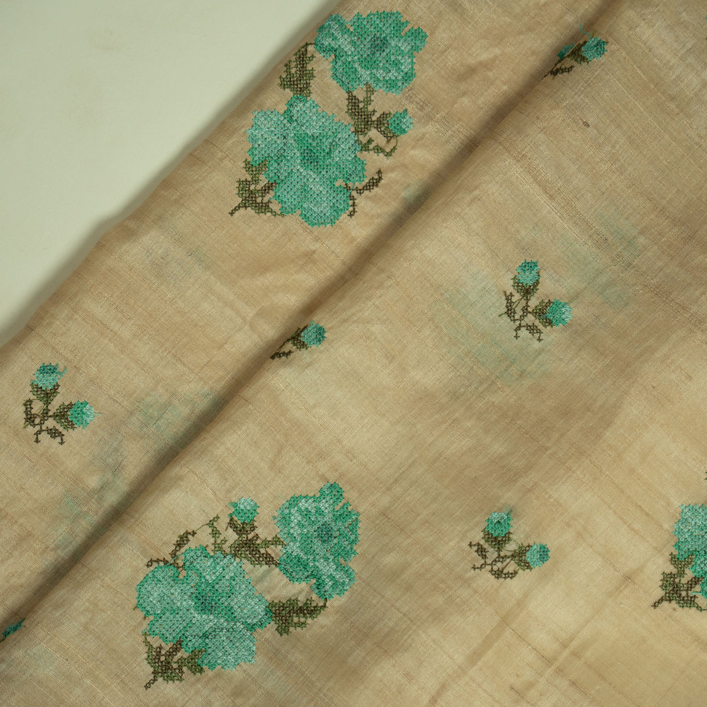 Afreeda Buta on Natural/Turquoise Tussar Silk