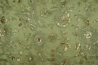 Floral Jaal With Sequins Work On Olive Silk Chanderi-Zarinama