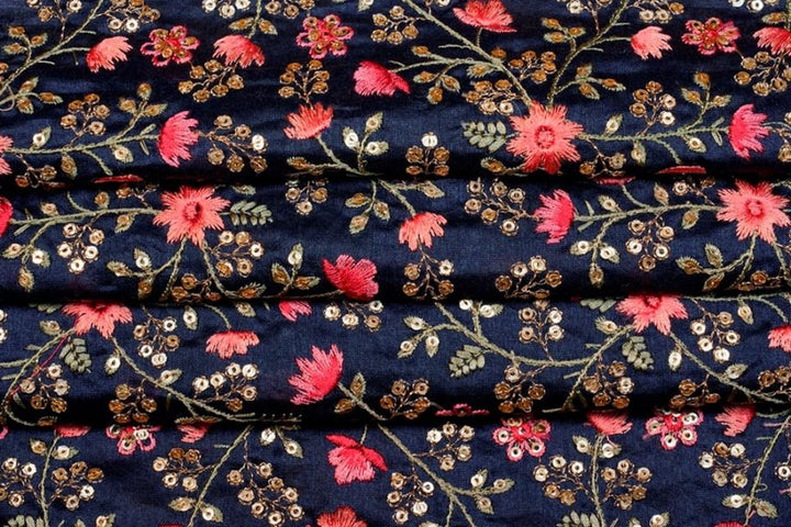 Zeenat Floral Jaal with Sequin Touch On Navy Blue Chinon