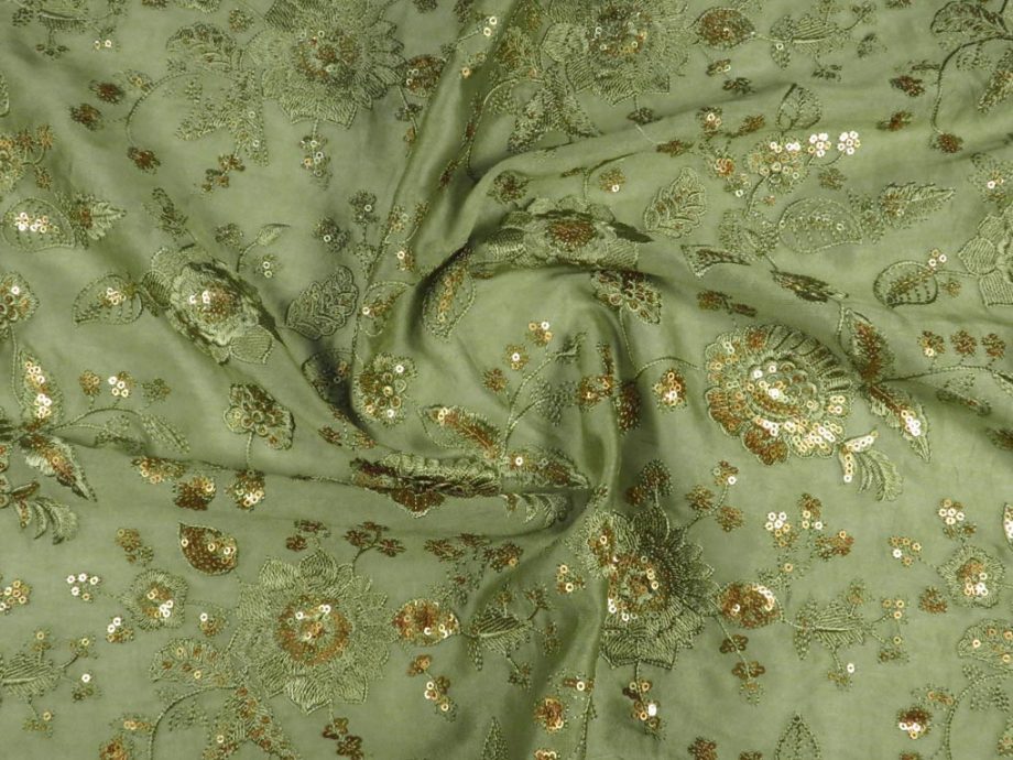Floral Jaal With Sequins Work On Olive Silk Chanderi-Zarinama