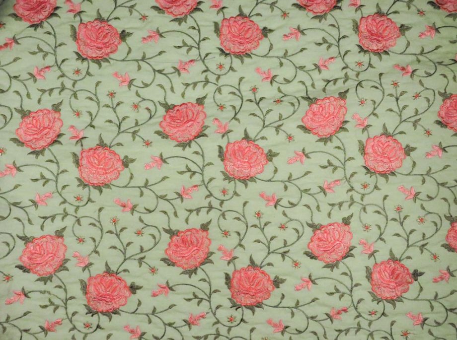Embroidered Floral Jaal On Sea Green Cotton-Zarinama