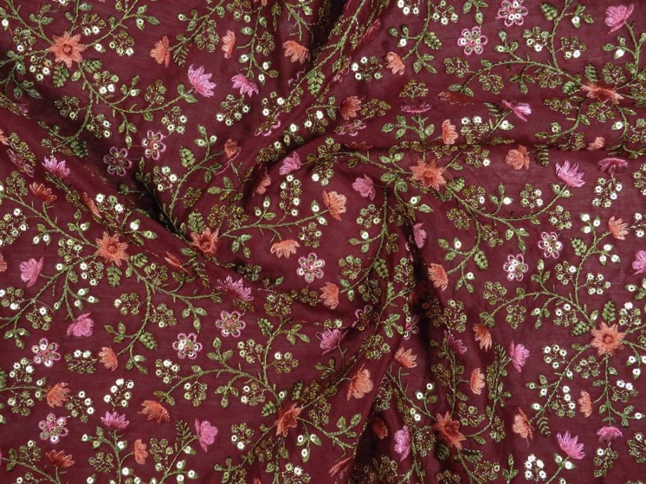 Zeenat Embroidered Floral Jaal with Sequin Touch On Maroon Chinon