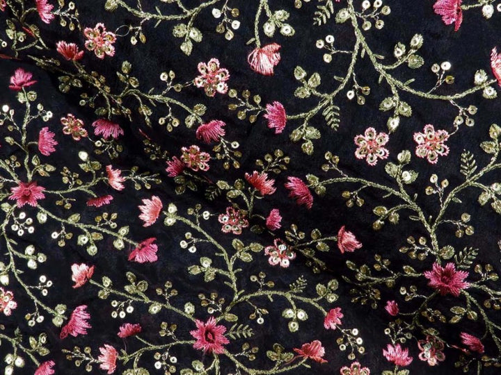 Zeenat Floral Jaal with Sequin Touch On Black Chinon