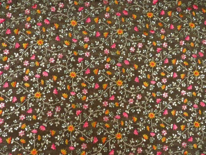Zeenat Floral Jaal with Sequin Touch On Brown Chinon